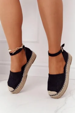 Outlet Boto Espadryle Na Słomkowej Platformie Czarne Bali