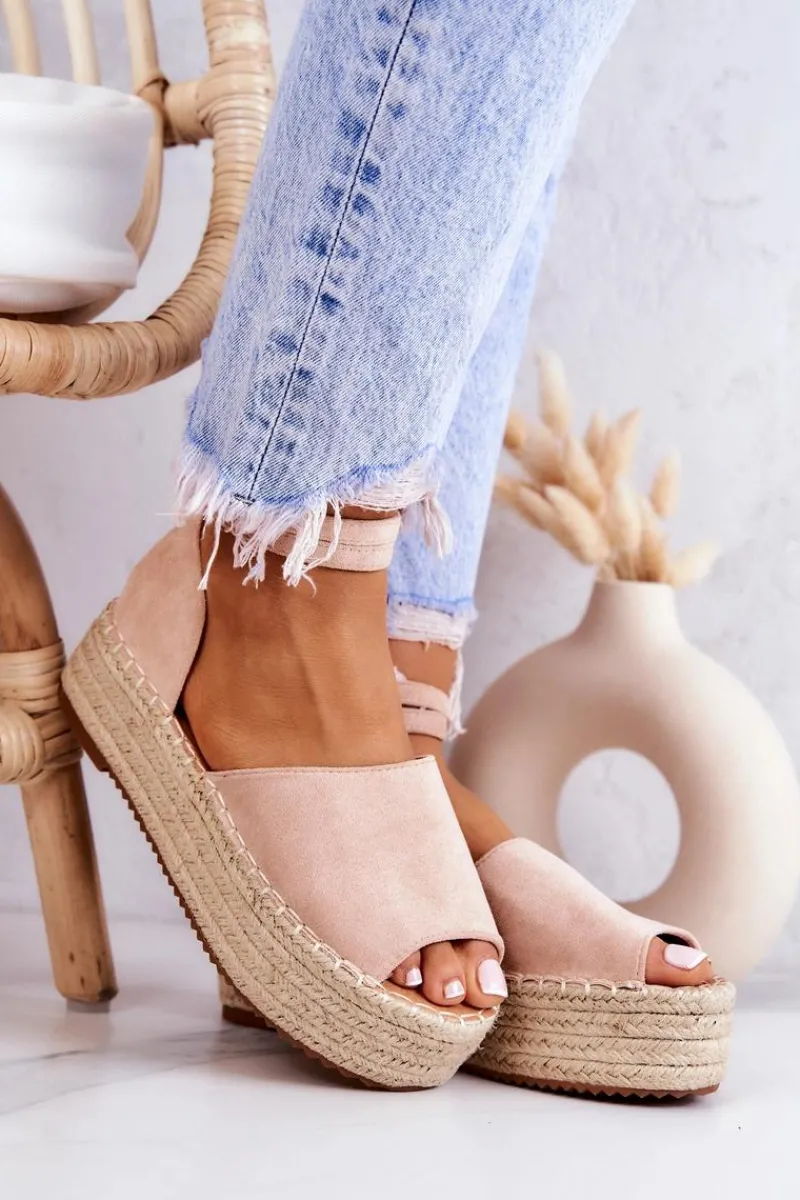 New Espadryle Sandałki Na Platformie Nude Dolores Damskie Sandały Na Koturnie