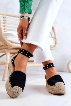 Sandały Na Koturnie|Czarne Espadryle></noscript>Boto Espadryle Sandały Z Dżetami Czarne Lillian