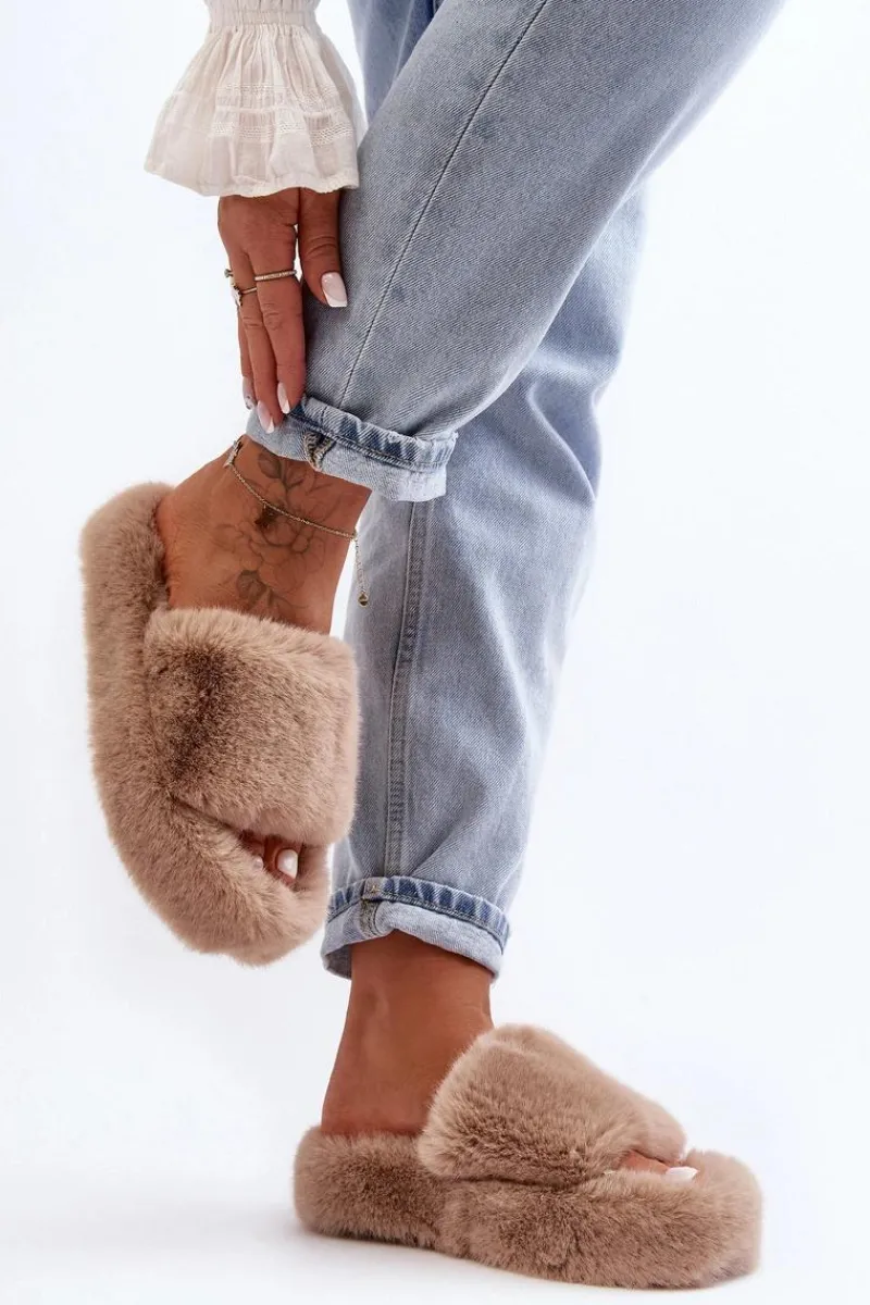 Outlet Boto Futrzane Kapcie Damskie Beżowe Biella Beżowy