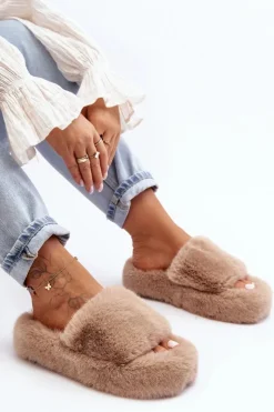 Outlet Boto Futrzane Kapcie Damskie Beżowe Biella Beżowy