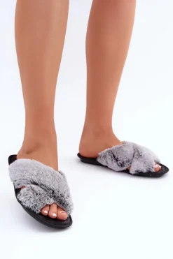 New Futrzane Kapcie Damskie 6800006D Szare Damskie Kapcie Klasyczne|Klapki Z Futerkiem