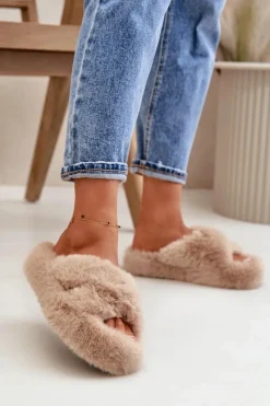Outlet Boto Futrzane Kapcie Damskie Na Grubej Podeszwie Beżowe Lavitera Beżowy