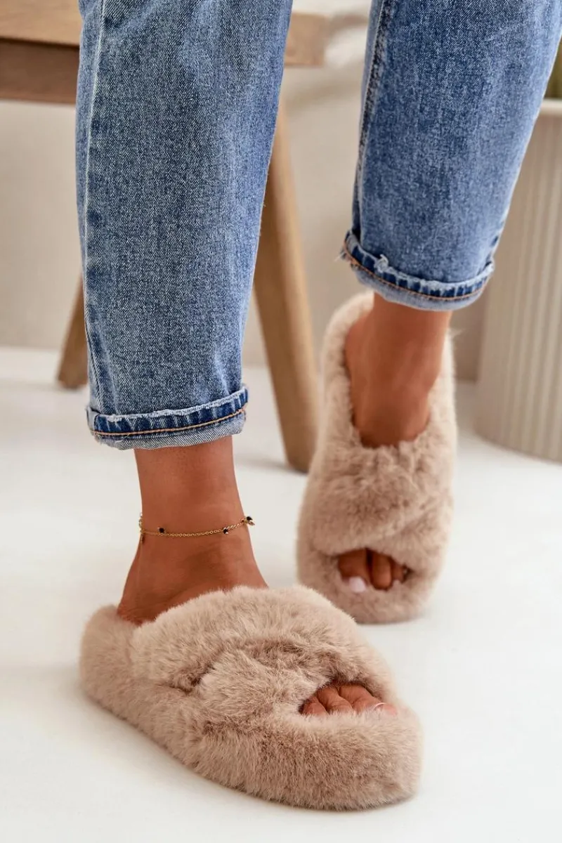 Outlet Boto Futrzane Kapcie Damskie Na Grubej Podeszwie Beżowe Lavitera Beżowy