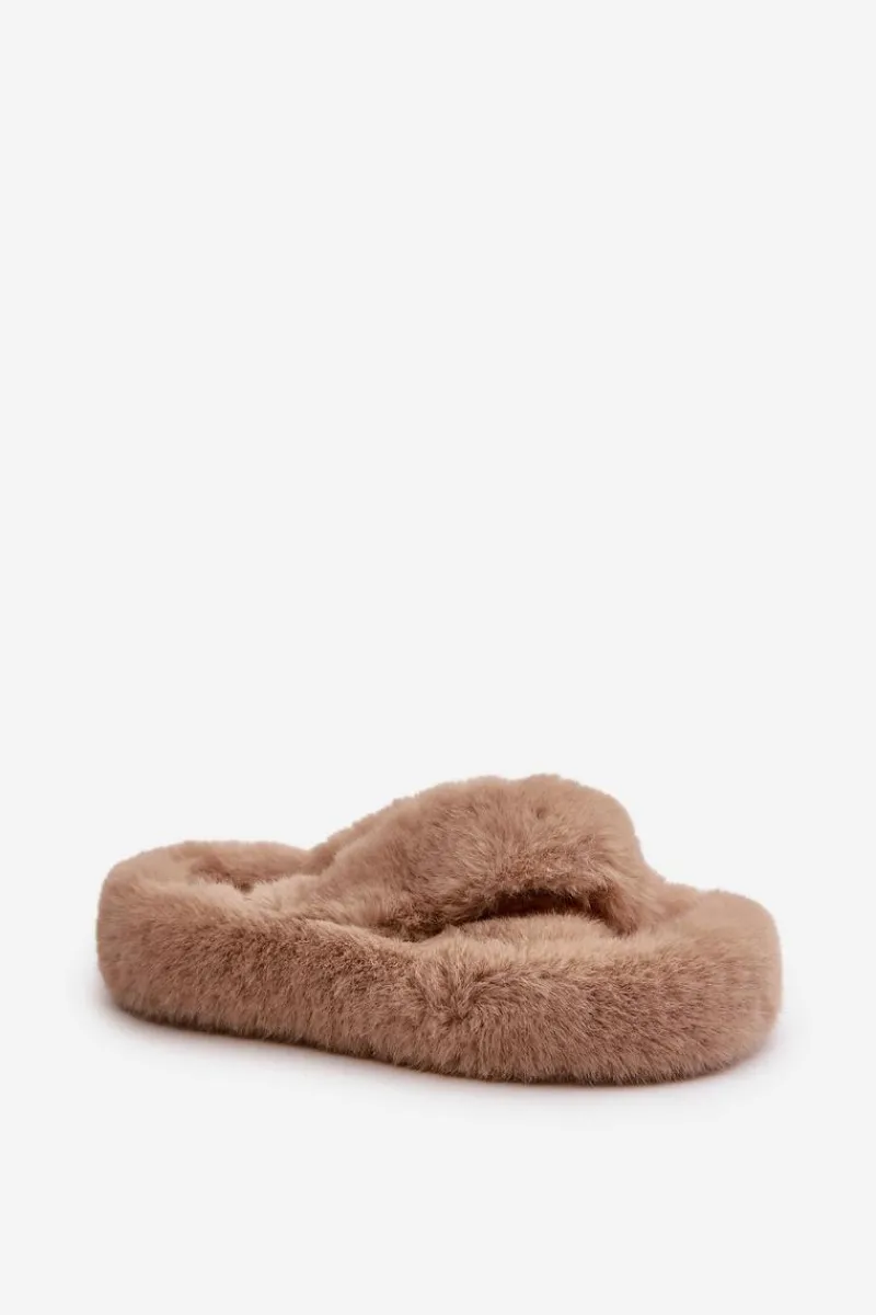 Outlet Boto Futrzane Kapcie Damskie Na Grubej Podeszwie Beżowe Lavitera Beżowy