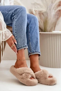 Outlet Boto Futrzane Kapcie Damskie Na Grubej Podeszwie Beżowe Lavitera Beżowy