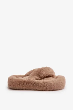 Outlet Boto Futrzane Kapcie Damskie Na Grubej Podeszwie Beżowe Lavitera Beżowy