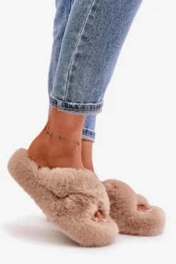 Outlet Boto Futrzane Kapcie Damskie Na Grubej Podeszwie Beżowe Lavitera Beżowy