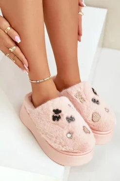 Kapcie Klasyczne>Boto Futrzane Kapcie Damskie Na Grubej Podeszwie Z Przypinkami Różowe Zintoria