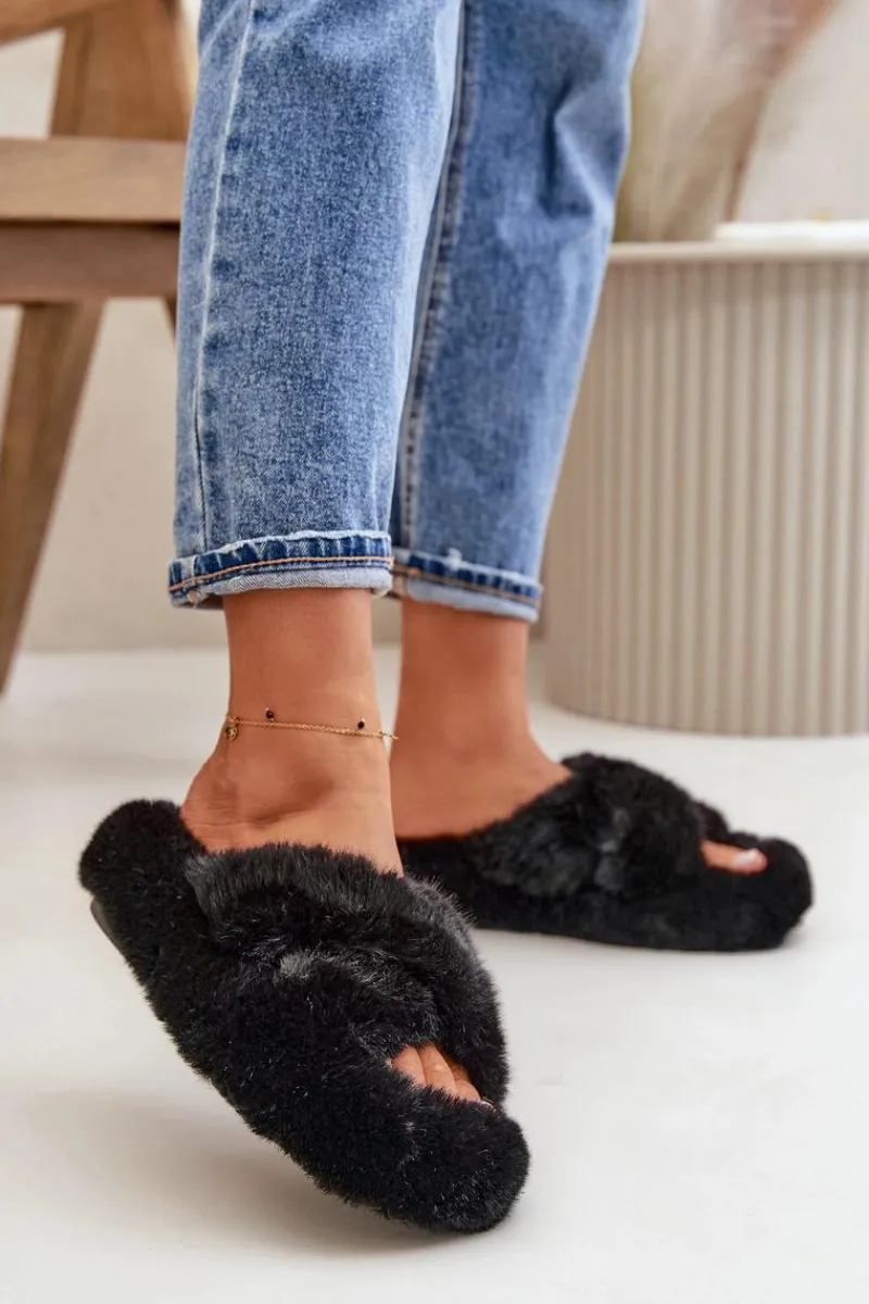Kapcie Klasyczne|Klapki Z Futerkiem>Boto Futrzane Kapcie Damskie Na Grubej Podeszwie Czarne Lavitera