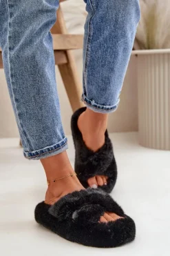 Kapcie Klasyczne|Klapki Z Futerkiem>Boto Futrzane Kapcie Damskie Na Grubej Podeszwie Czarne Lavitera