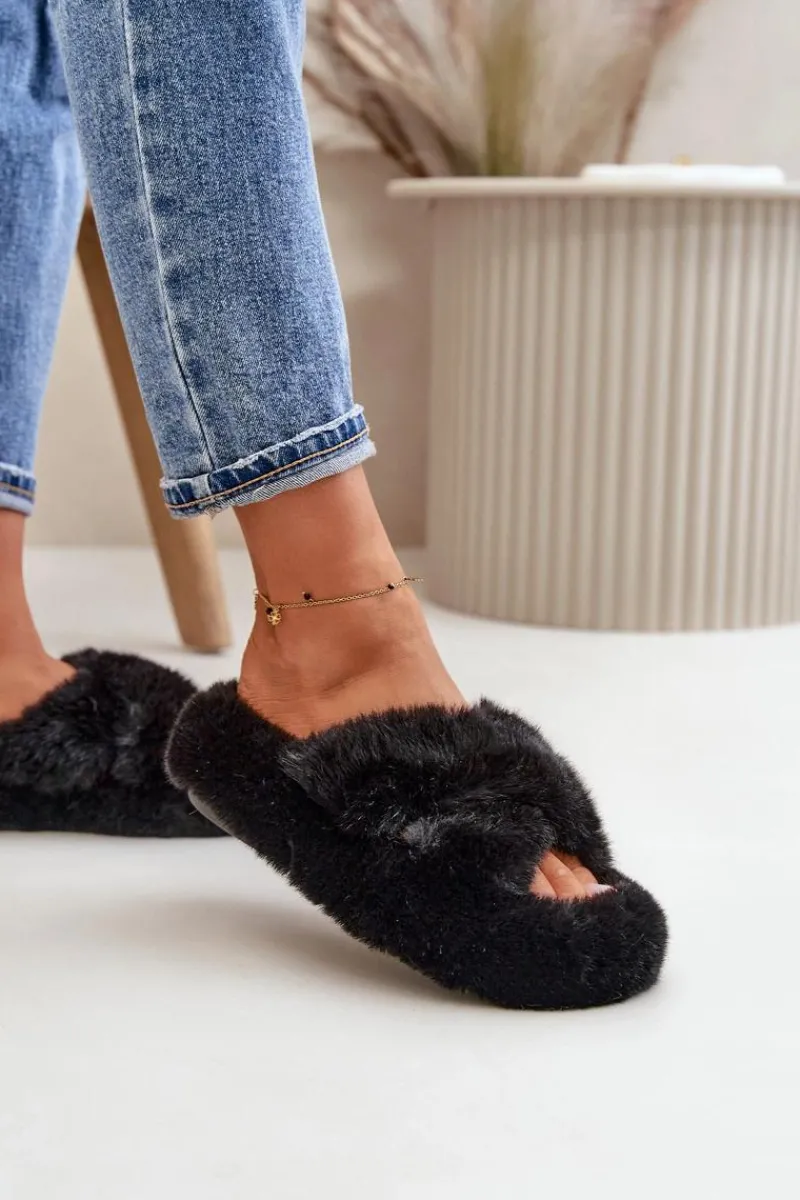 Kapcie Klasyczne|Klapki Z Futerkiem>Boto Futrzane Kapcie Damskie Na Grubej Podeszwie Czarne Lavitera