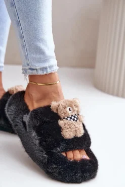 Hot Futrzane Kapcie Damskie Z Misiem Czarne Romania Damskie Kapcie Klasyczne|Klapki Z Futerkiem