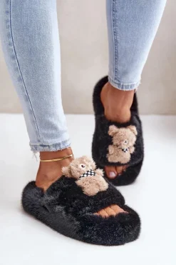 Hot Futrzane Kapcie Damskie Z Misiem Czarne Romania Damskie Kapcie Klasyczne|Klapki Z Futerkiem