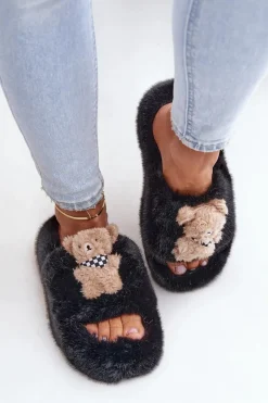 Hot Futrzane Kapcie Damskie Z Misiem Czarne Romania Damskie Kapcie Klasyczne|Klapki Z Futerkiem