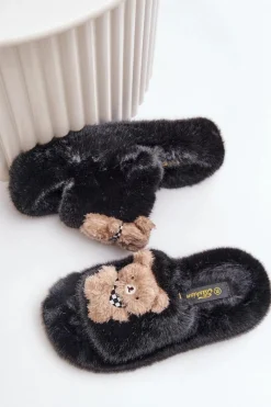 Hot Futrzane Kapcie Damskie Z Misiem Czarne Romania Damskie Kapcie Klasyczne|Klapki Z Futerkiem