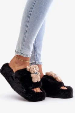 Hot Futrzane Kapcie Damskie Z Misiem Czarne Romania Damskie Kapcie Klasyczne|Klapki Z Futerkiem