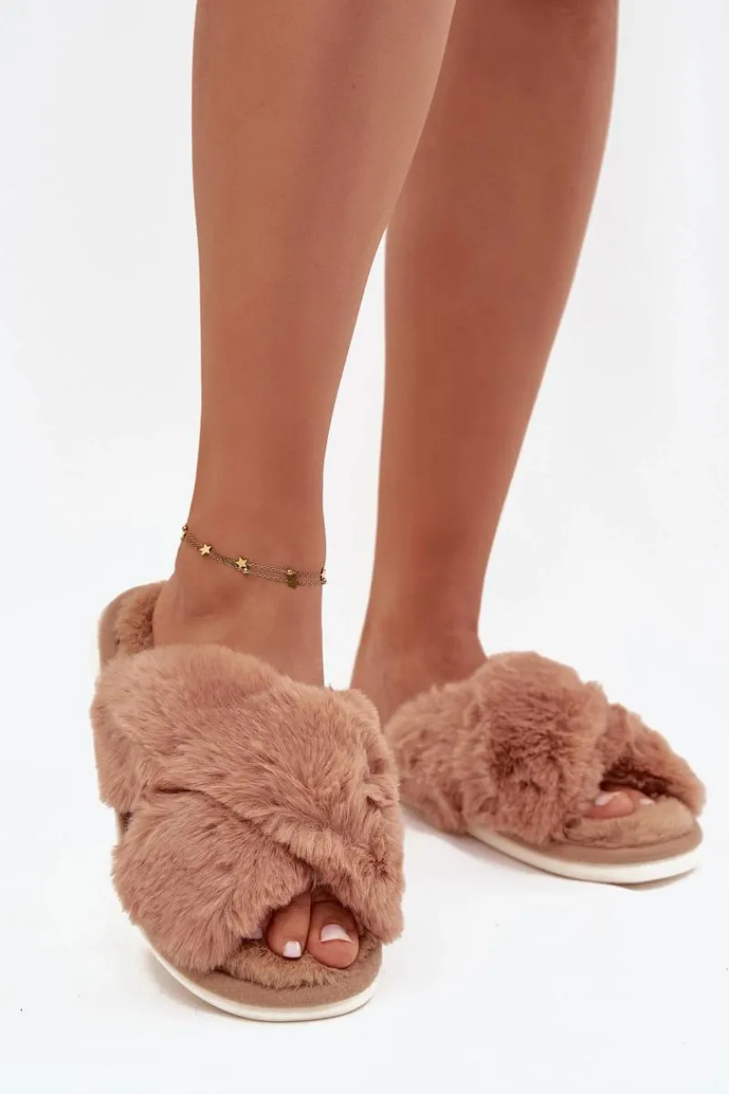 Best Futrzane Kapcie Damskie Z Przeplatającymi Się Paskami Camel Quenelle Damskie Kapcie Klasyczne