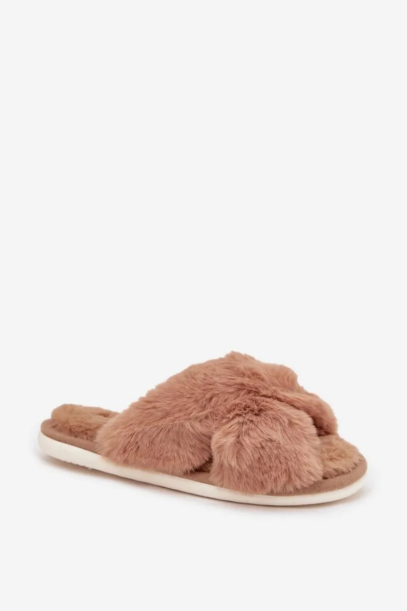 Best Futrzane Kapcie Damskie Z Przeplatającymi Się Paskami Camel Quenelle Damskie Kapcie Klasyczne