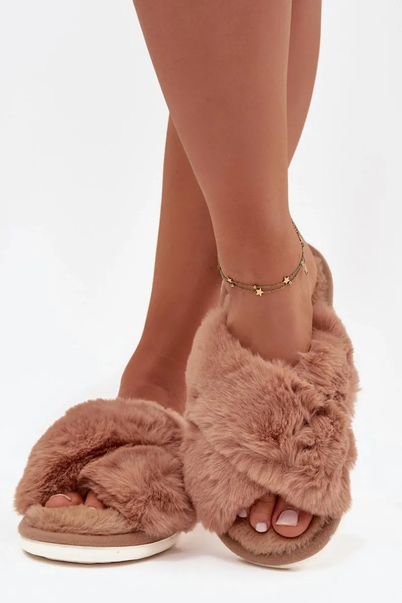 Best Futrzane Kapcie Damskie Z Przeplatającymi Się Paskami Camel Quenelle Damskie Kapcie Klasyczne