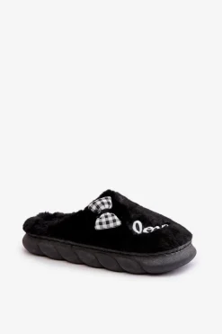 Outlet Futrzane Kapcie Damskie Z Naszywkami I Kokardką Czarne Linnorelia Damskie Kapcie Klasyczne