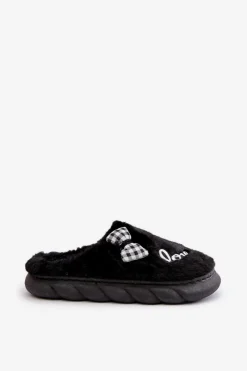 Outlet Futrzane Kapcie Damskie Z Naszywkami I Kokardką Czarne Linnorelia Damskie Kapcie Klasyczne
