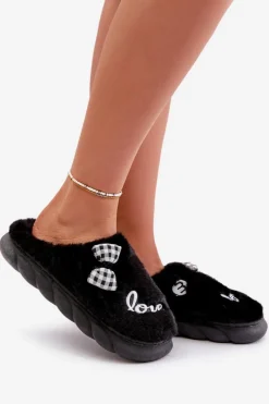 Outlet Futrzane Kapcie Damskie Z Naszywkami I Kokardką Czarne Linnorelia Damskie Kapcie Klasyczne