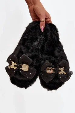 Kapcie Klasyczne>Boto Futrzane Kapcie Damskie Z Kokardą I Złotą Ozdobą Czarne Nolara Czarny