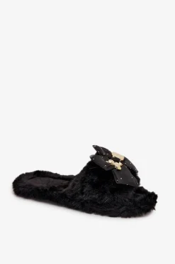 Kapcie Klasyczne>Boto Futrzane Kapcie Damskie Z Kokardą I Złotą Ozdobą Czarne Nolara Czarny