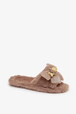Kapcie Klasyczne>Boto Futrzane Kapcie Damskie Z Kokardą I Złotą Ozdobą Ciemnobeżowe Nolara
