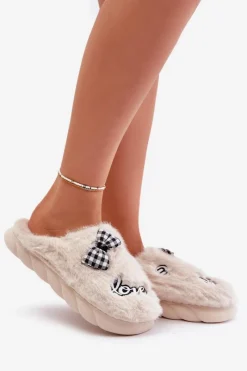 Futrzane Kapcie Damskie Z Naszywkami I Kokardką Jasnobeżowe Linnorelia Damskie Kapcie Klasyczne