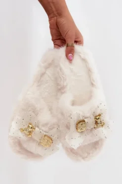 Online Futrzane Kapcie Damskie Z Kokardą I Złotą Ozdobą Jasnobeżowe Nolara Damskie Kapcie Klasyczne