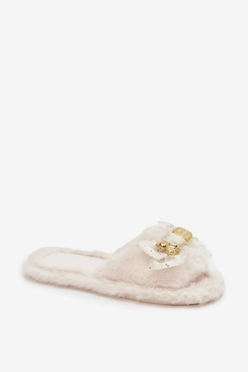 Online Futrzane Kapcie Damskie Z Kokardą I Złotą Ozdobą Jasnobeżowe Nolara Damskie Kapcie Klasyczne