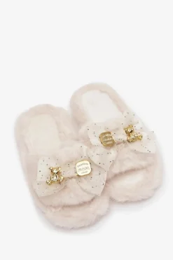 Online Futrzane Kapcie Damskie Z Kokardą I Złotą Ozdobą Jasnobeżowe Nolara Damskie Kapcie Klasyczne