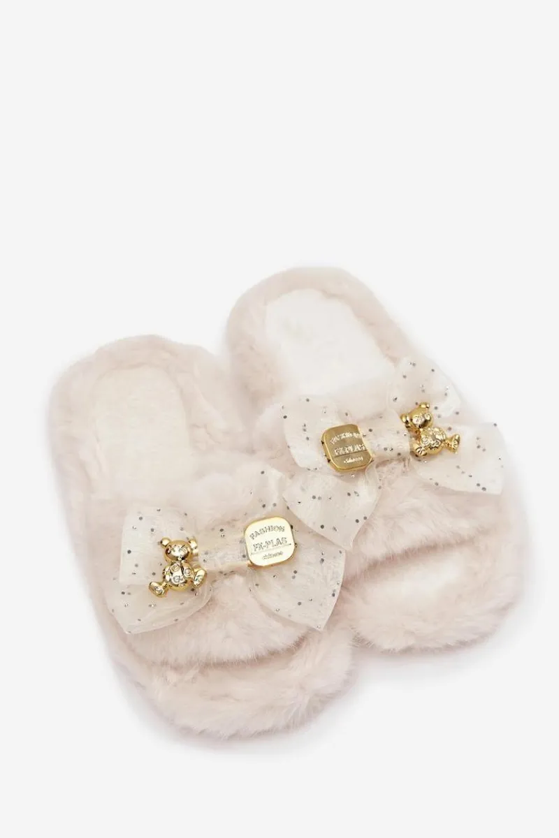Online Futrzane Kapcie Damskie Z Kokardą I Złotą Ozdobą Jasnobeżowe Nolara Damskie Kapcie Klasyczne
