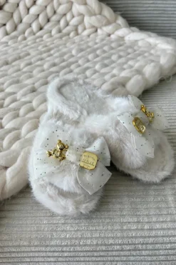 Online Futrzane Kapcie Damskie Z Kokardą I Złotą Ozdobą Jasnobeżowe Nolara Damskie Kapcie Klasyczne