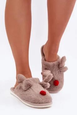 Kapcie Klasyczne>Boto Futrzane Kapcie Damskie Z Motywem Renifera Ciemnobeżowe Sennalith Beżowy