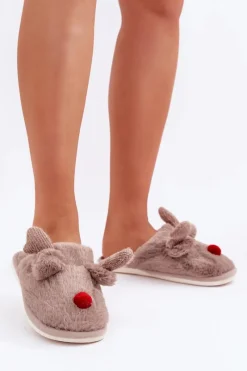 Kapcie Klasyczne>Boto Futrzane Kapcie Damskie Z Motywem Renifera Ciemnobeżowe Sennalith Beżowy