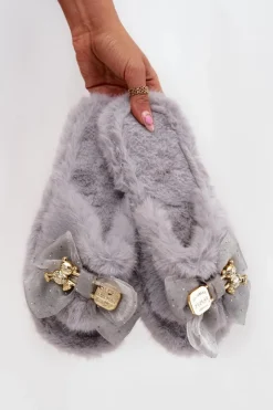 Best Futrzane Kapcie Damskie Z Kokardą I Złotą Ozdobą Szare Nolara Damskie Kapcie Klasyczne