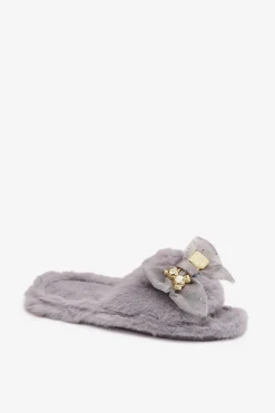 Best Futrzane Kapcie Damskie Z Kokardą I Złotą Ozdobą Szare Nolara Damskie Kapcie Klasyczne