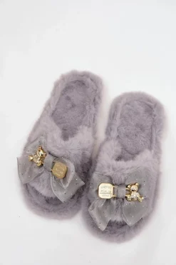 Best Futrzane Kapcie Damskie Z Kokardą I Złotą Ozdobą Szare Nolara Damskie Kapcie Klasyczne