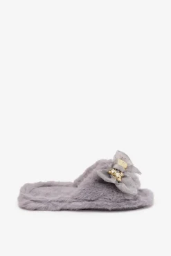 Best Futrzane Kapcie Damskie Z Kokardą I Złotą Ozdobą Szare Nolara Damskie Kapcie Klasyczne