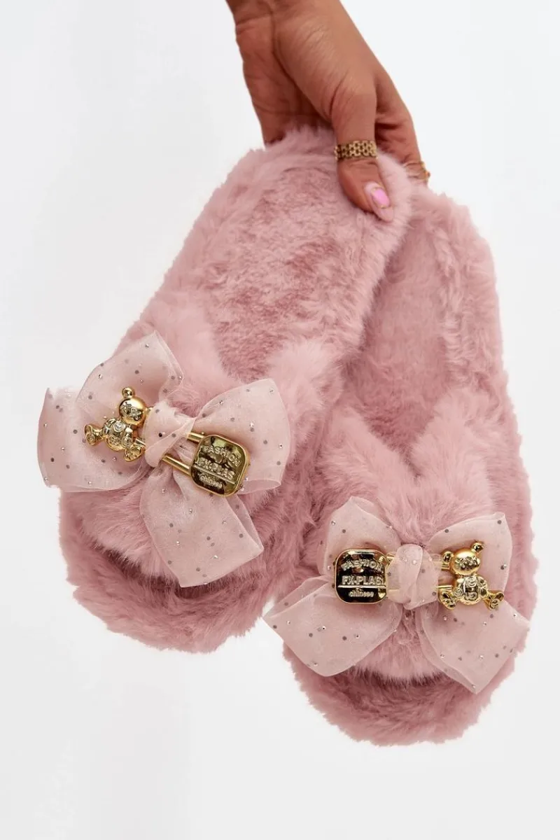 Outlet Boto Futrzane Kapcie Damskie Z Kokardą I Złotą Ozdobą Różowe Nolara Różowy