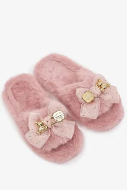Outlet Boto Futrzane Kapcie Damskie Z Kokardą I Złotą Ozdobą Różowe Nolara Różowy