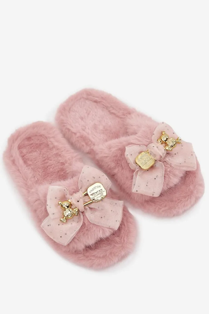 Outlet Boto Futrzane Kapcie Damskie Z Kokardą I Złotą Ozdobą Różowe Nolara Różowy
