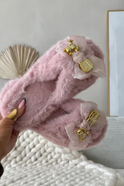 Outlet Boto Futrzane Kapcie Damskie Z Kokardą I Złotą Ozdobą Różowe Nolara Różowy