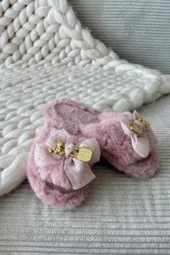 Outlet Boto Futrzane Kapcie Damskie Z Kokardą I Złotą Ozdobą Różowe Nolara Różowy
