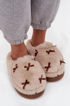 Sale Boto Futrzane Kapcie Damskie Z Kokardkami Beżowe Saviera