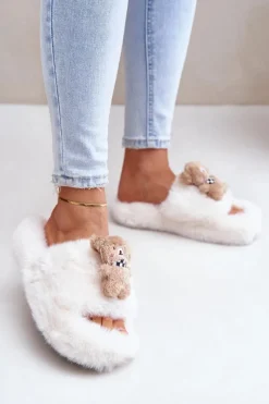 Kapcie Klasyczne|Klapki Z Futerkiem>Boto Futrzane Kapcie Damskie Z Misiem Białe Romania
