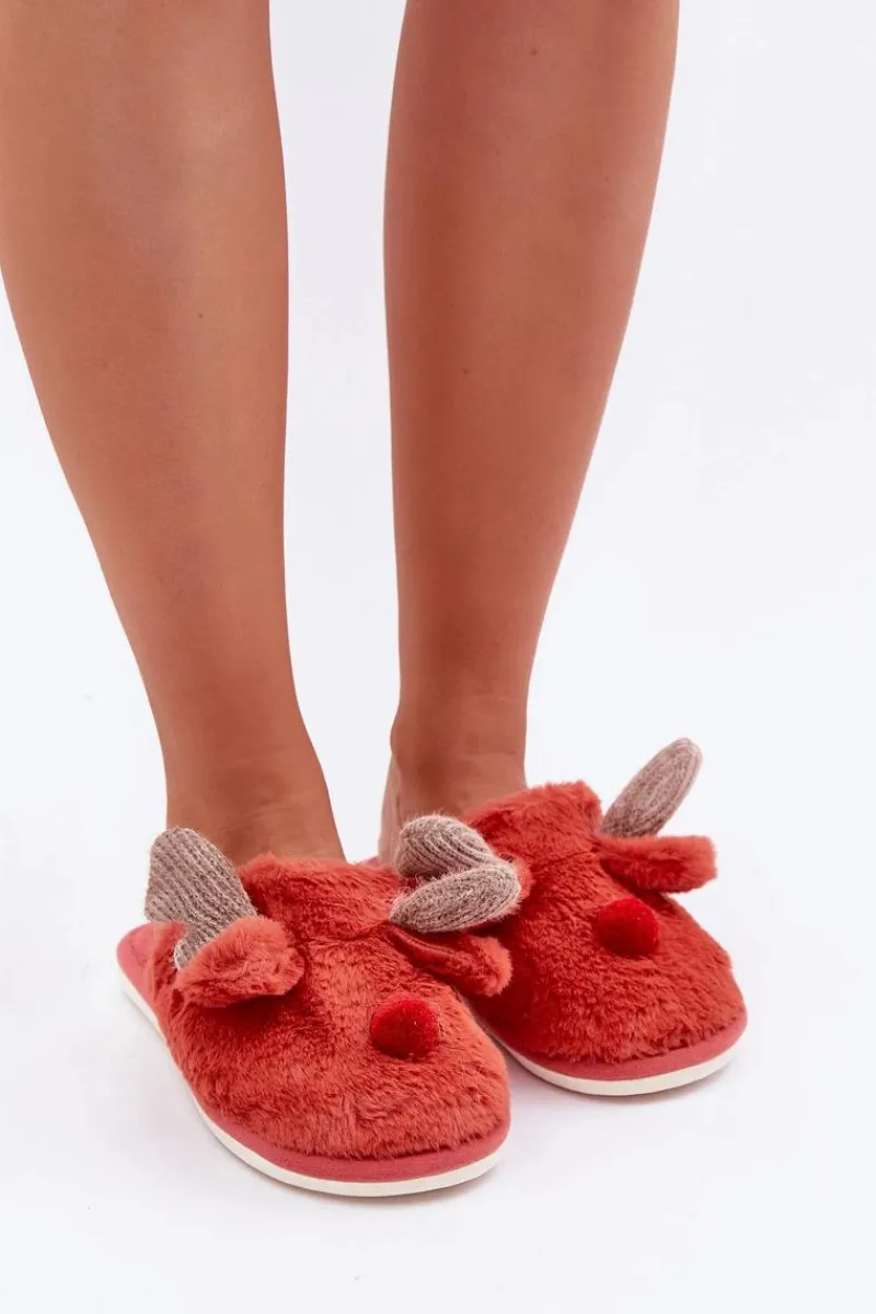New Boto Futrzane Kapcie Damskie Z Motywem Renifera Koralowe Sennalith Czerwony